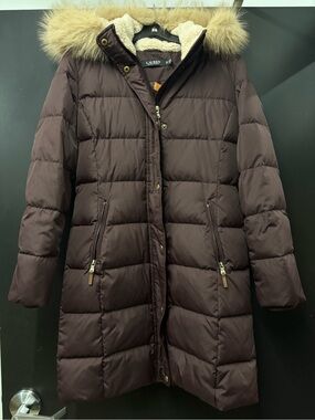Lauren Ralph Lauren Women's Maroon Puffer Coat with Faux Fur Hood